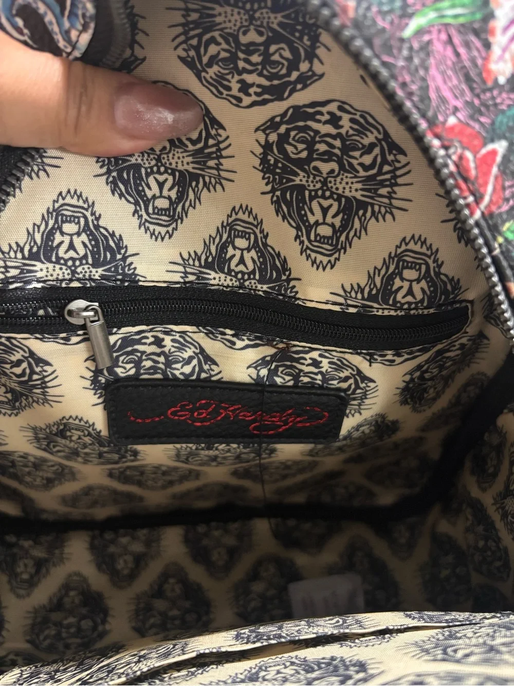 Ed Hardy Black Floral Skull Mini Backpack with Pink Accents